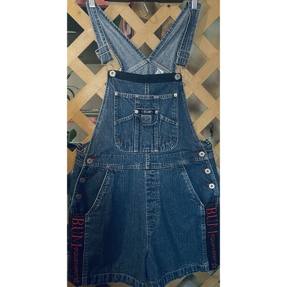 Vintage BUM Equipment Embroidered Blue Denim Shortalls Women's M 90's Y2K - Picture 1 of 10
